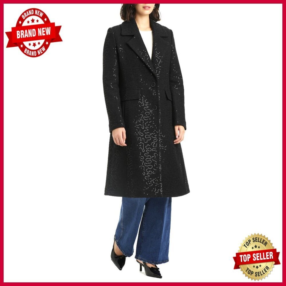 Wool Blend Coat with Sequin Embellishments, Notch Collar, A-Line Fit